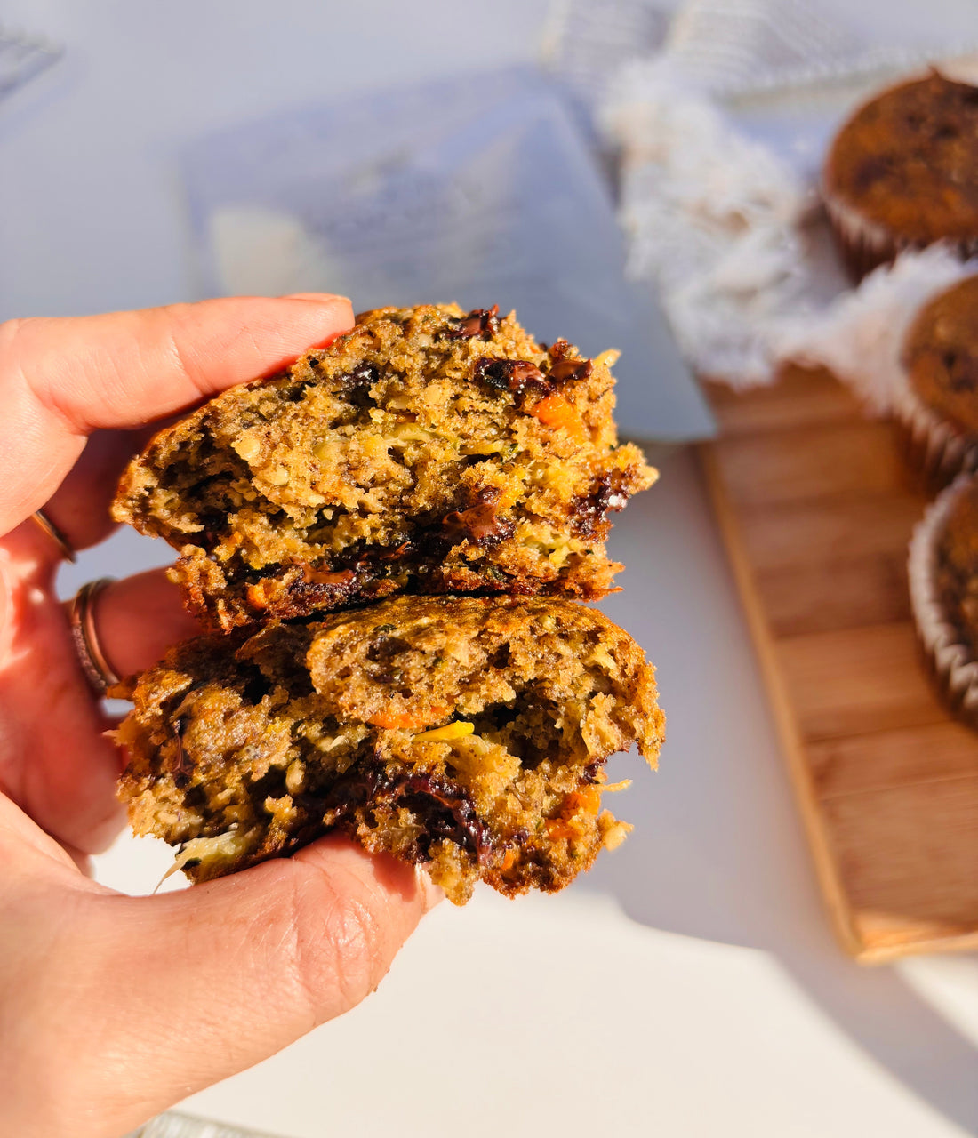 High-fiber zucchini carrot banana muffins made with Bloom Boost fiber blend